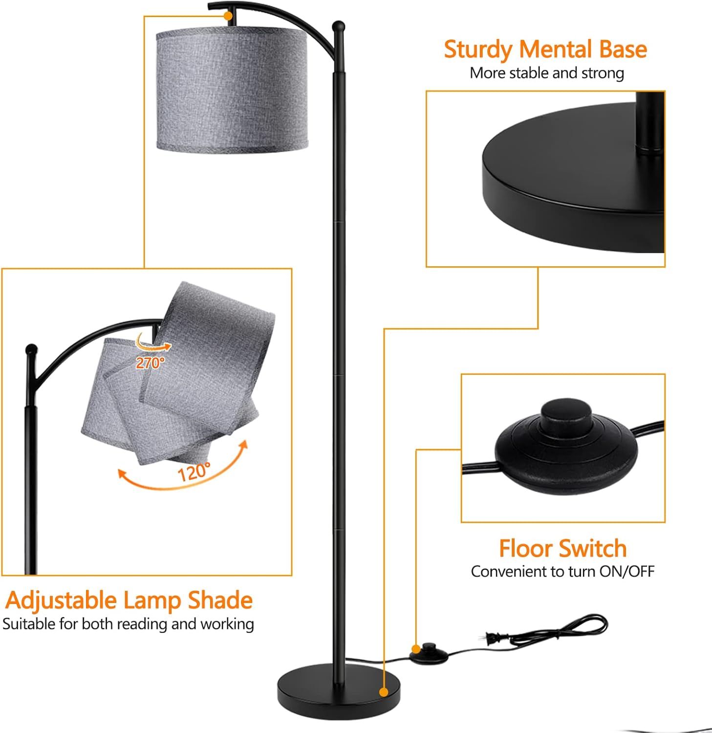 Floor Lamp with 3CCT LED Bulb, Gray Linen Lamp Shade for Living Room, Modern Standing Lamp for Bedrooms - Black - Image 3