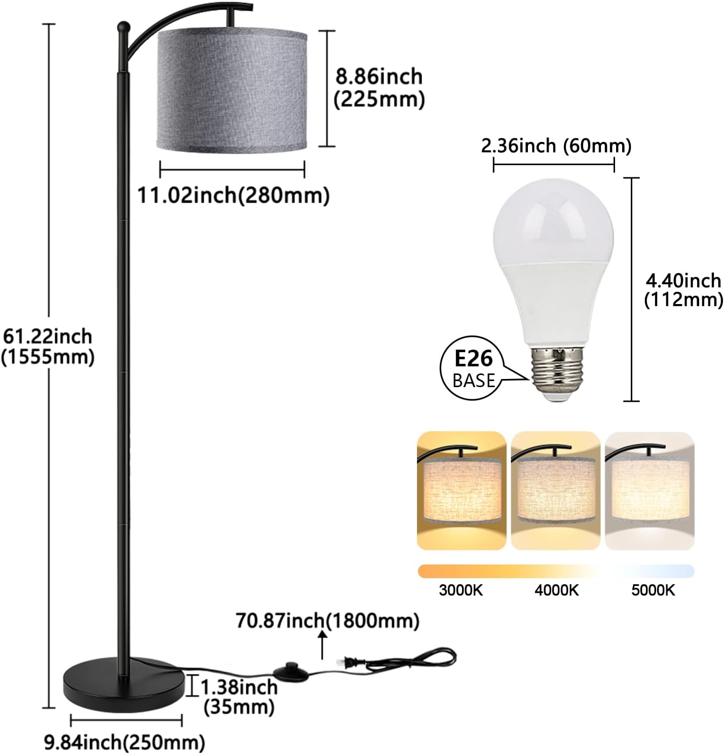 Floor Lamp with 3CCT LED Bulb, Gray Linen Lamp Shade for Living Room, Modern Standing Lamp for Bedrooms - Black - Image 4
