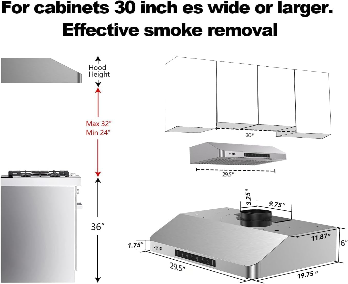 30 Inch Under Cabinet Range Hood, 980CFM Fast Venting Ducted, Kitchen Hood With 3 Speed Gesture Sensing & Touch Control, Stainless Steel Stove Hood With LED Light And 2 Baffle Filters - Image 7