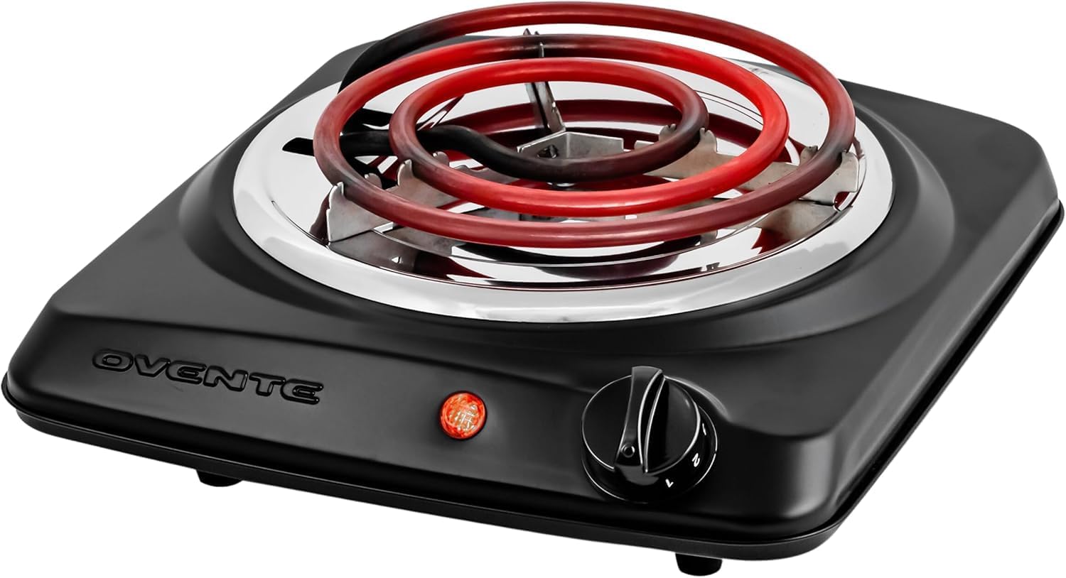 OVENTE Electric Countertop Single Burner, 1000W Cooktop with 6″ Stainless Steel Coil Hot Plate, 5 Level Temperature Control, Indicator Light, Compact Cooking Stove and Easy to Clean, Black BGC101B