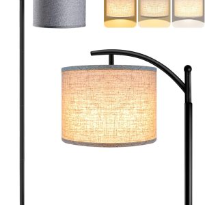 Floor Lamp with 3CCT LED Bulb, Gray Linen Lamp Shade for Living Room, Modern Standing Lamp for Bedrooms - Black