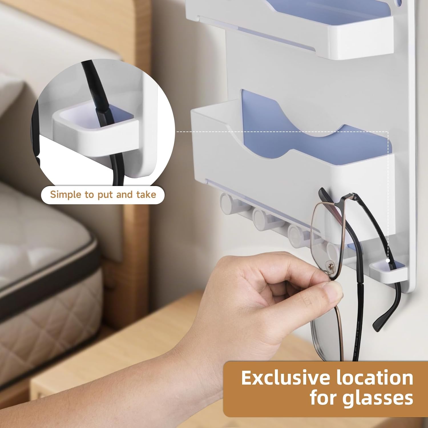 JUMEIHUI Bedside Wall Shelf with Glasses Hooks ,Adhesive Bedside Organizer Wall Mount for Dorm and Room Accessories Phone,Remote,Earphone, Kindle (White) - Image 4