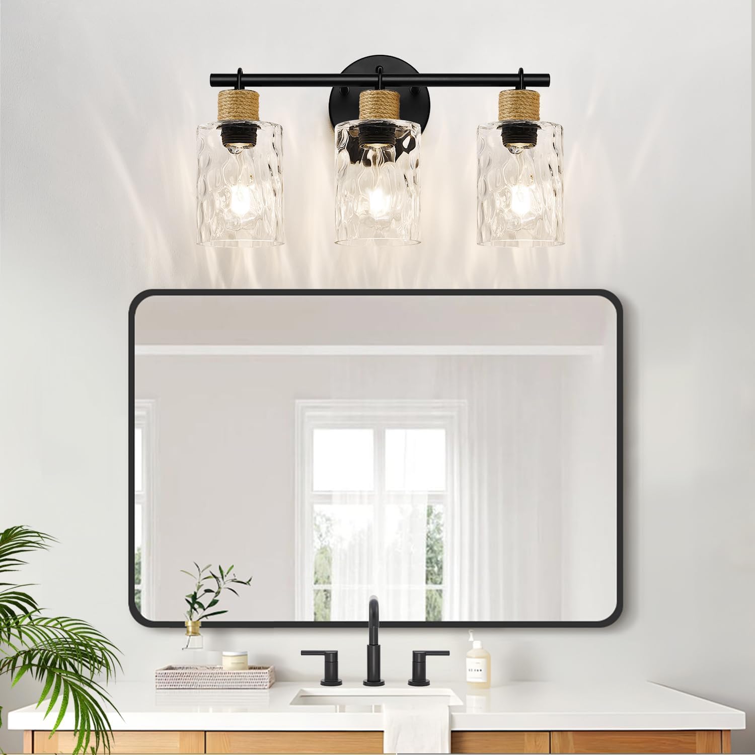 Coastal Bathroom Light Fixtures, Vanity Lights with Hammered Glass and Hemp Rope, 3-Light Matte Black Bathroom Wall Lamp for Mirror Hallway Cabinet - Image 7