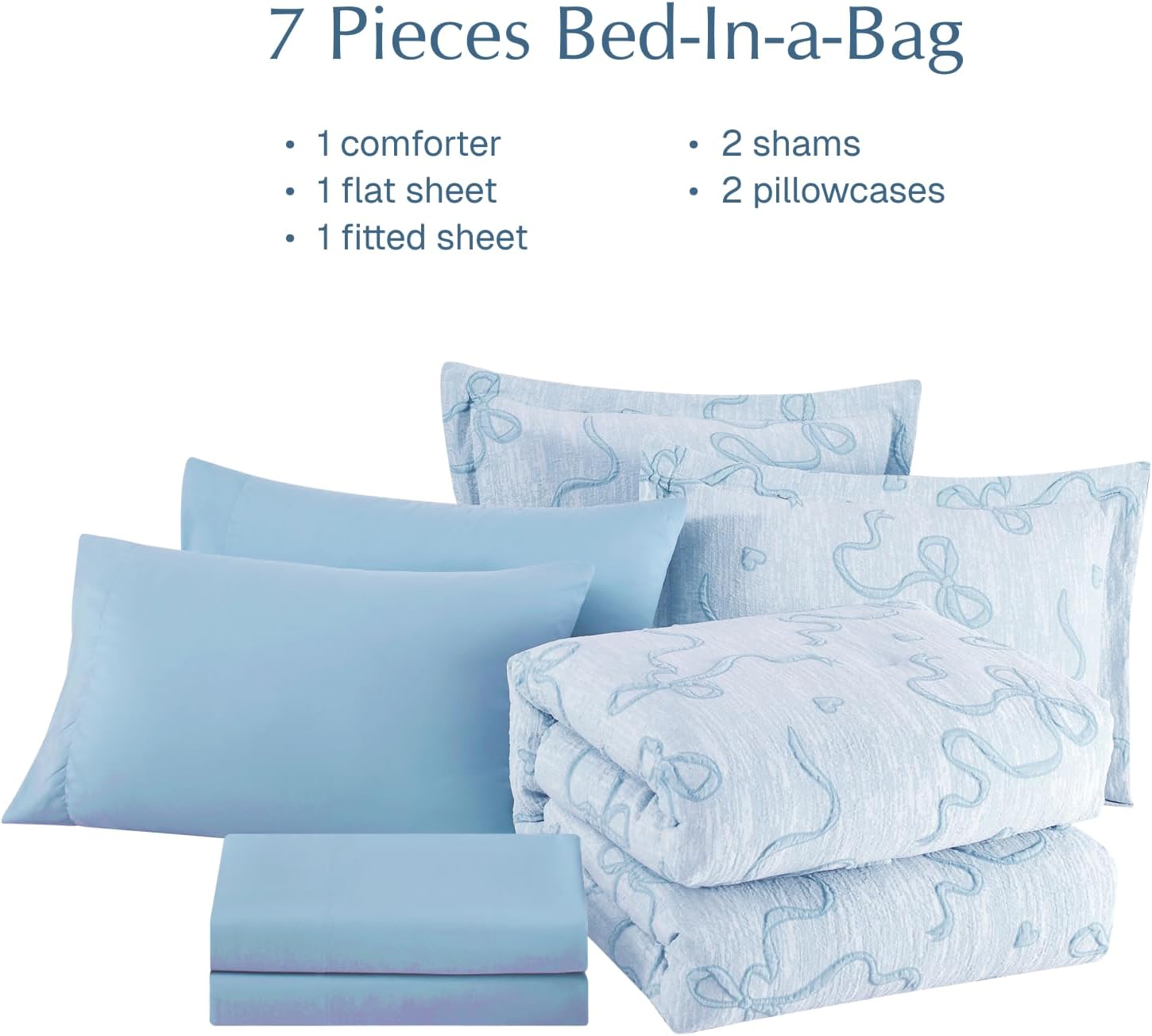 Geniospin Light Blue Full Comforter Set for Girls- 7 Pieces Bowknot Jacquard Bed in A Bag Twin Bedding Sets with Sheets, Pillowcases & Shams, All Season Kids Comforter Set - Image 9