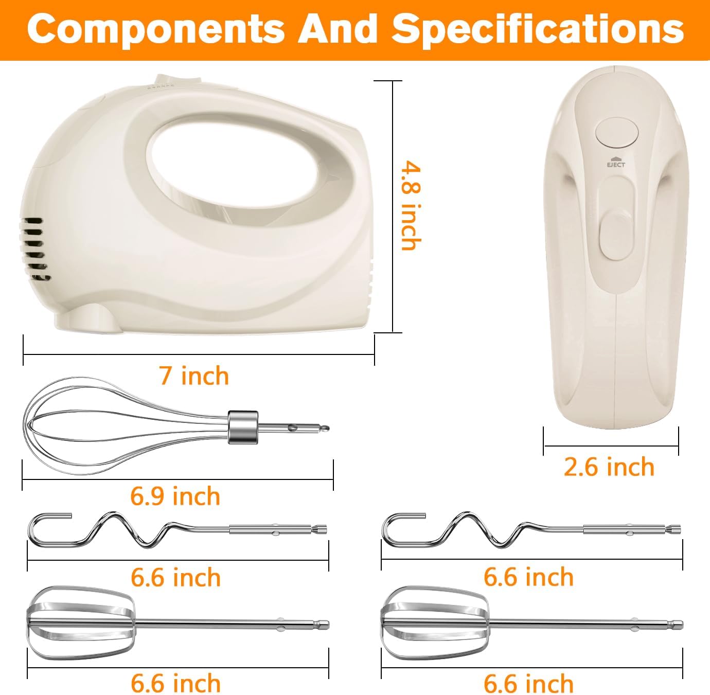 Handmixer Electric Handheld - 7 Speed Portable Kitchen Mixer Electric with 5 Stainless Steel Accessories Whisk, Food Beater for Whipping Mixing Cookies Cakes Eggs, Beige - Image 3