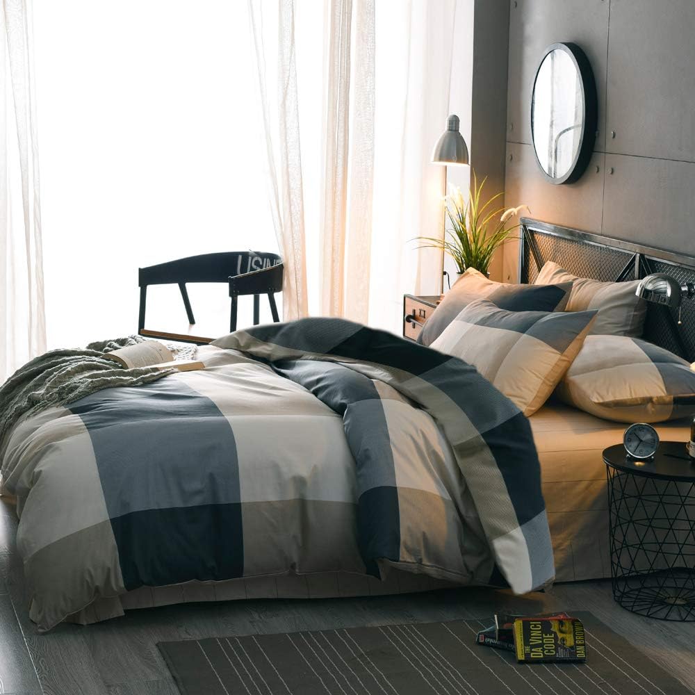MKXI Plaid Comforter Set Queen Size, Geometric Checkered 3 Pieces Bedding Set Men Boys, Modern Style Comforter with 2 Pillow Shams All Season Soft Fluffy Bedding Set-(Tan,Dark Blue Grey,Khaki) - Image 2