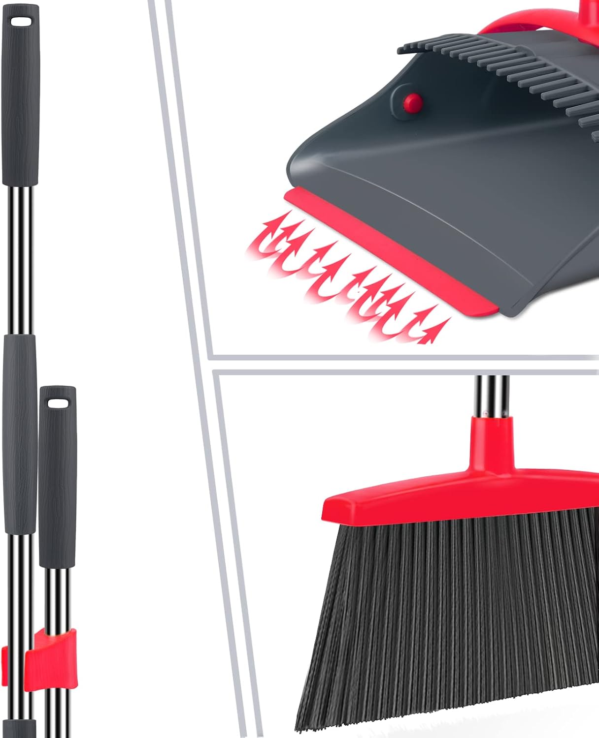 Broom and Dustpan Set,Broom with Dustpan Combo Set Dust pan with Long Handle, for Home Kitchen Room Office Lobby Floor Use Upright Stand Up(Gray&Red) - Image 3