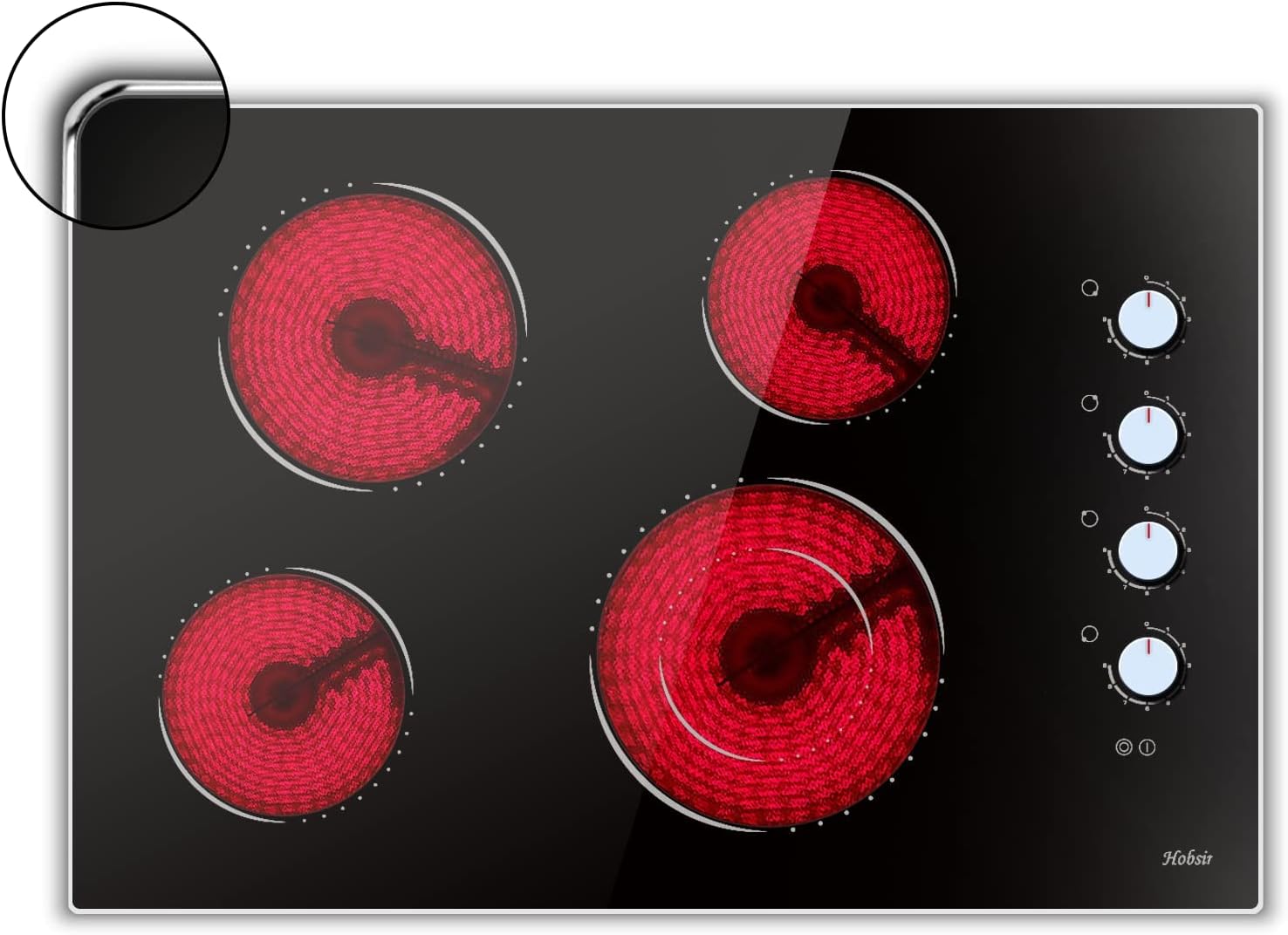 Electric Cooktop 30 Inch Hobsir, 4 Burner Electric Stove Top 6700W, Knob Control Built in Cook top, 30″ Electric Stove Top Burner with Glass Protection Metal Frame, Double-ring burner, 220-240v