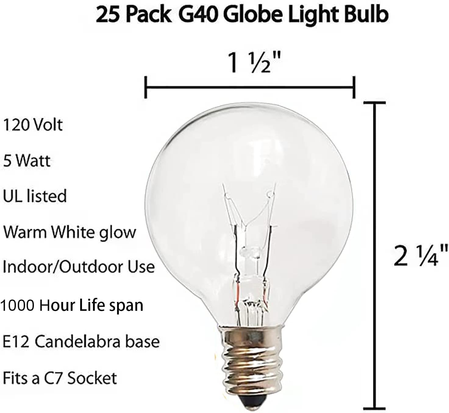 G40 Replacement Light Bulbs, 120V 5W Clear Globe Bulb, E12 C7 Candelabra Base, 1.5 Inch Glass Incandescent Bulbs for Indoor Outdoor Patio String Lights, Warm White -25 Pack - Image 6