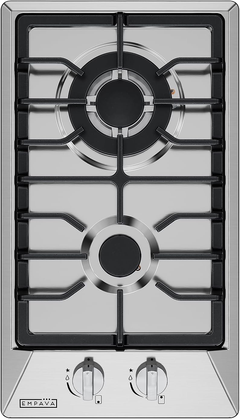 Empava 12 Inch Built-In Gas Cooktop with 2 Sealed SABAF Burners, Stainless Steel Surface Dishwasher Safe Cast Iron Grates, NG/LPG Convertible