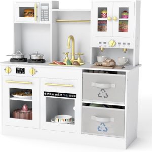 INFANS Kids Kitchen Play Set, Wooden Pretend Play Kitchen with Realistic Lights Sounds Coffee Maker Dishwasher Microwave Oven Foldable Fabric Drawers, Toddler Cooking Toys for Boys Girls (White)