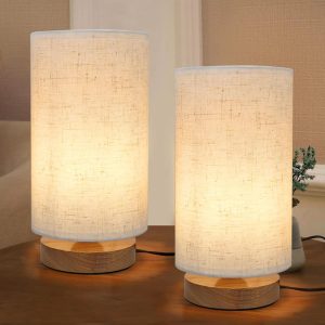 Table Lamps for Bedrooms Set of 2, Minimalist Bedside Lamps Set with Round Fabric Linen Shade,Reading Small Desk Lamp Set of 2 for Kids Room, Night Nightstand Lamp Set for Living Room, Office