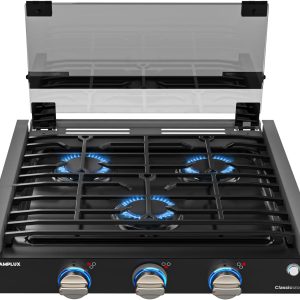 CAMPLUX Classic RV Stove 3 Burners 21,000 BTU, 21 Inches Propane Cooktop with Tempered Glass Cover, RV Stove Top, Slide-in for Camper Trailers, Motorhomes, and Boats, Black RGH21IB