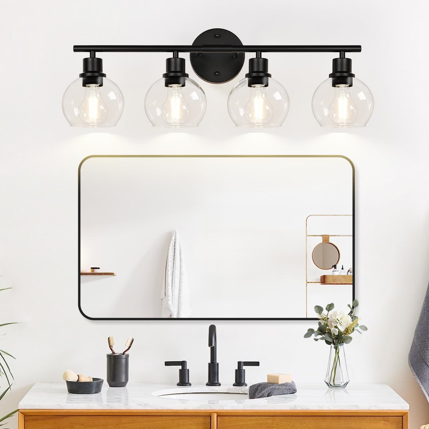 2025 Upgrade 4-Light Bathroom Light Fixtures, Black Bathroom Lights Over Mirror with Clear Glass Globe Shade, Vanity Lights for Bathroom Kitchen Living Room Hallway Cabinet Bedroom Porch - Image 8