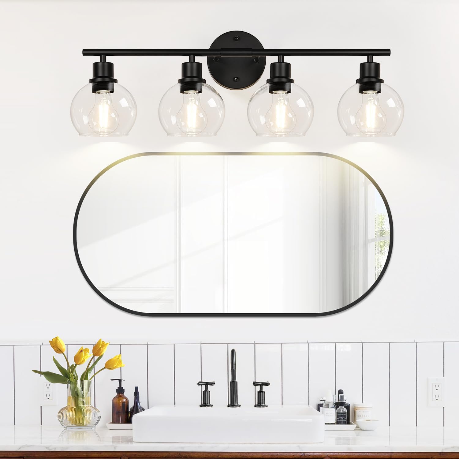2025 Upgrade 4-Light Bathroom Light Fixtures, Black Bathroom Lights Over Mirror with Clear Glass Globe Shade, Vanity Lights for Bathroom Kitchen Living Room Hallway Cabinet Bedroom Porch - Image 7