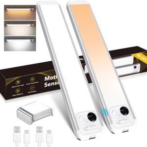 Under Cabinet Lighting, 3 Colors, Motion Sensor Light Indoor, LED Rechargeable Closet Lights Battery Operated, Dimmable Night, Stick-On Magnetic Cabinet Lights for Kitchen Stairs Hallway