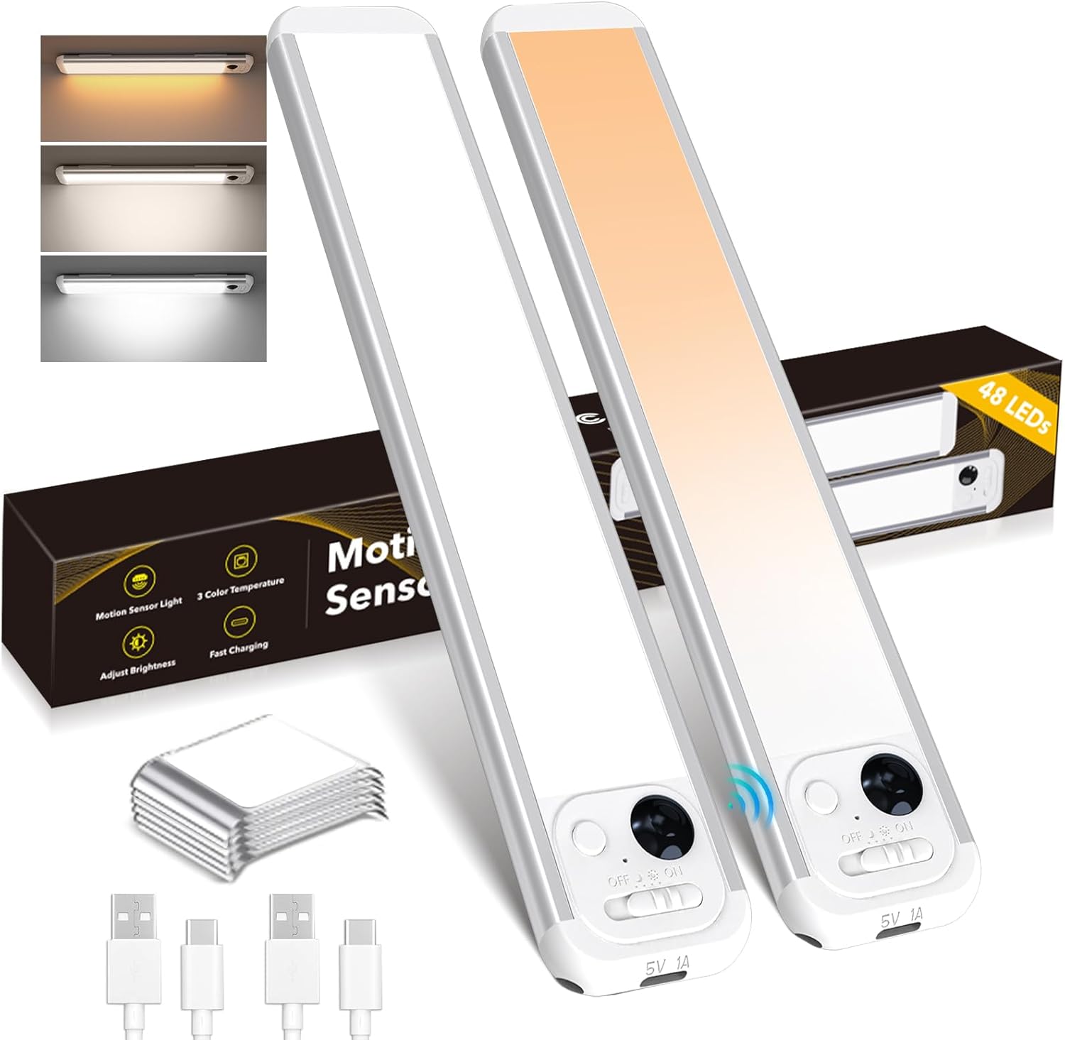 Under Cabinet Lighting, 3 Colors, Motion Sensor Light Indoor, LED Rechargeable Closet Lights Battery Operated, Dimmable Night, Stick-On Magnetic Cabinet Lights for Kitchen Stairs Hallway