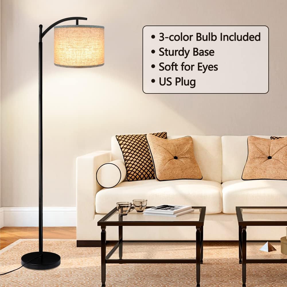 Floor Lamp with 3CCT LED Bulb, Gray Linen Lamp Shade for Living Room, Modern Standing Lamp for Bedrooms - Black - Image 6