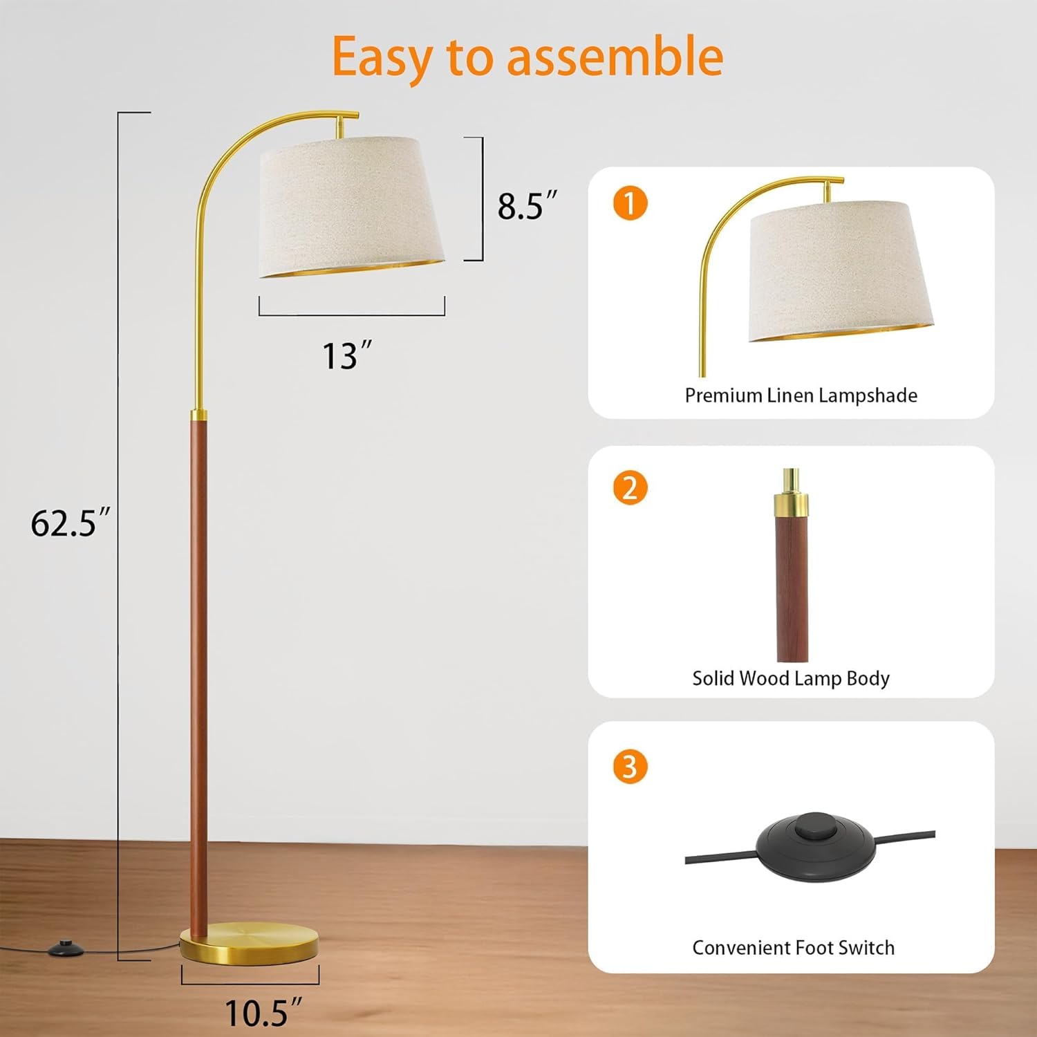 62.5" Wood Floor Lamp for Living Room Gold with Foot Switch Arc Standing Tall Lamps for Bedroom Mid Century Modern Corner Floor Lamps for Office Nursery Industrial Reading Light Room Lamp - Image 6