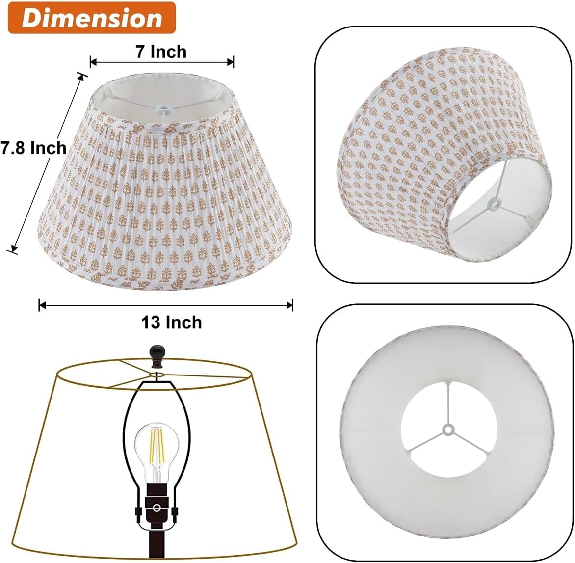 Lamp Shades for Table Lamps,Medium Lamp Shade 7" Top x 13" Bottom x 7.8" Slant Height,Barrel Replacement Lampshade(Spider Fitter), Modern Fabric Pleated Lampshades for Table Lamp 1 Pack(Brown Floral) - Image 2