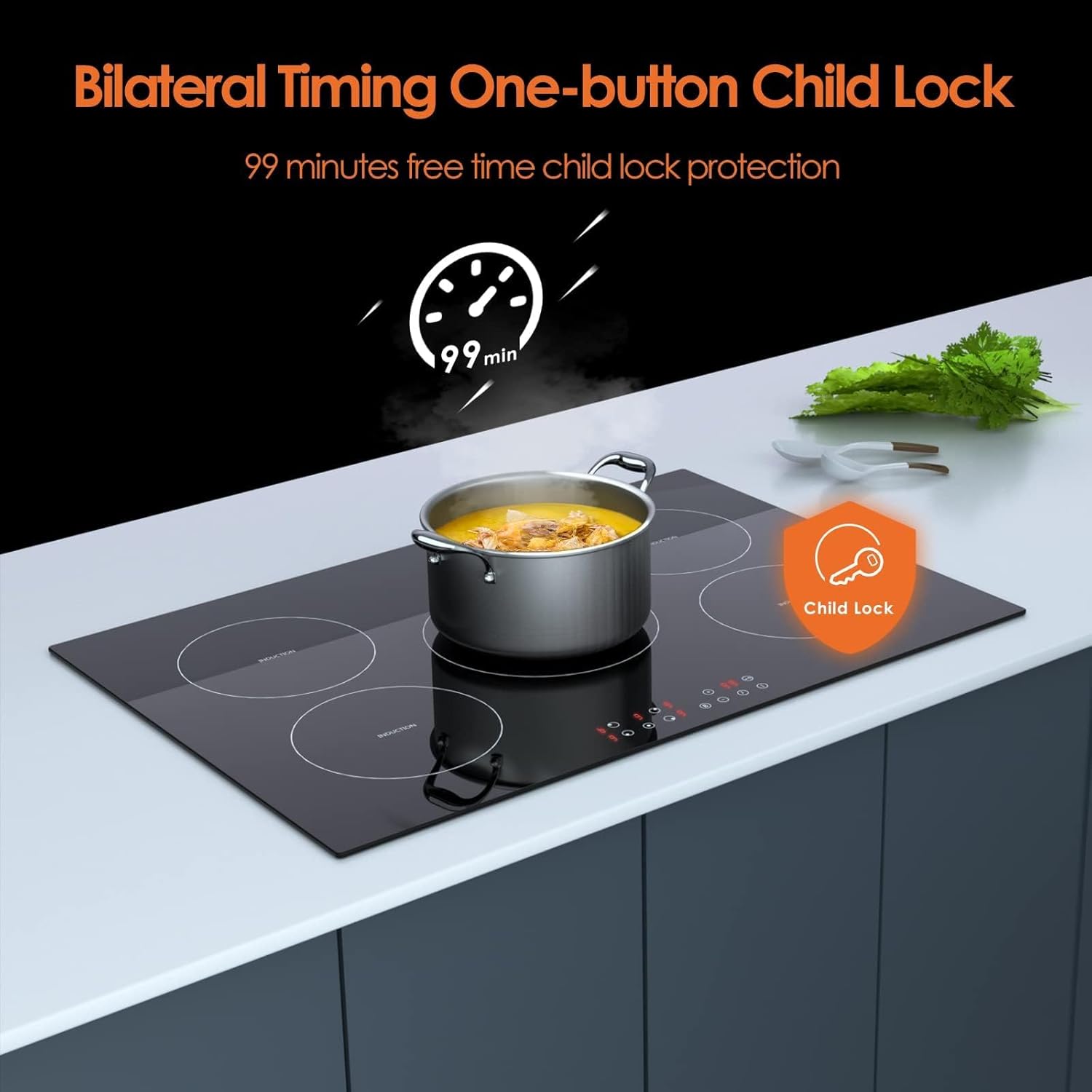 Davivy 5 Burners 30 Inch Induction Cooktop, 5 Burner Built-in Induction Stove Top, 9 Heating Level, Child Safety Lock, Sensor Touch Control, Timer, 220~240V, 9300W - Image 9