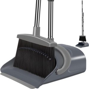 Broom and Dustpan Set, Dust pan with Long Handle, Broom with Dustpan Combo Set, Broom and Dustpan for Home, Indoor or Outdoor Cleaning Tool (Deep Gray&Light Gray)