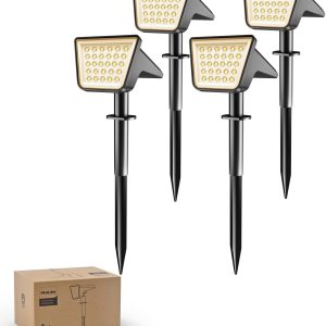 Philips 4 Packs Solar Spot Lights Outdoor Waterproof, 28 LED 3000K Solar Powered Landscape Pathway Lights, Dusk to Dawn Solar Spotlights for Garden, Yard, Lawn, Walkway, Driveway