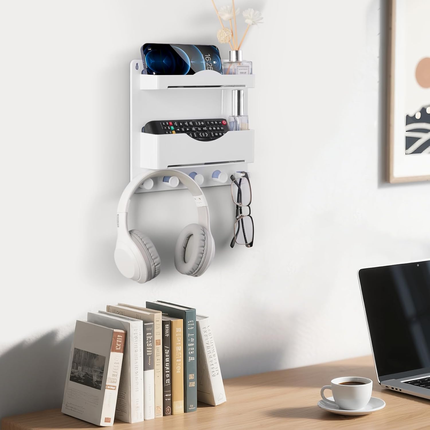 JUMEIHUI Bedside Wall Shelf with Glasses Hooks ,Adhesive Bedside Organizer Wall Mount for Dorm and Room Accessories Phone,Remote,Earphone, Kindle (White) - Image 8