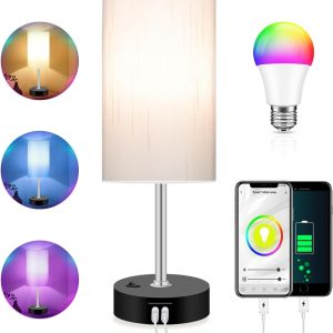Bedroom Lamp with Smart RGB LED Bulb, Multicolor Changing Table Lamp for Bedroom with 2 USB Port, Dimmable Bedside Lamp Work with Alexa, Smart Nightstand Light for Living Room Sync with Music(2.4GHz)