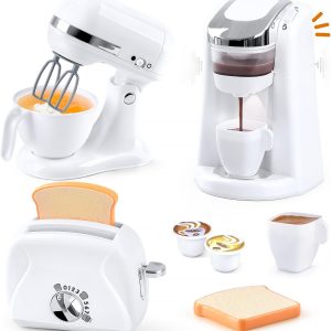 Play Kitchen Appliances Toys, Kids Kitchen Playset Accessories, Pretend Play Toy Sets with Coffee Maker, Mixer, Toaster with Realistic Lights & Sounds, Gifts for Boys Girls Toddlers Ages 3+, White