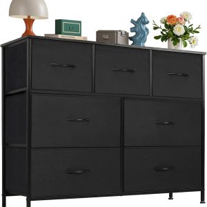 OLIXIS Dresser for Bedroom, 7 Storage Drawers, Wide Fabric Closet Chests Organizer Tower Furniture, TV Stand with Wooden Top Metal Frame for Clothes, Living Room, Hallway, Entryway, Black