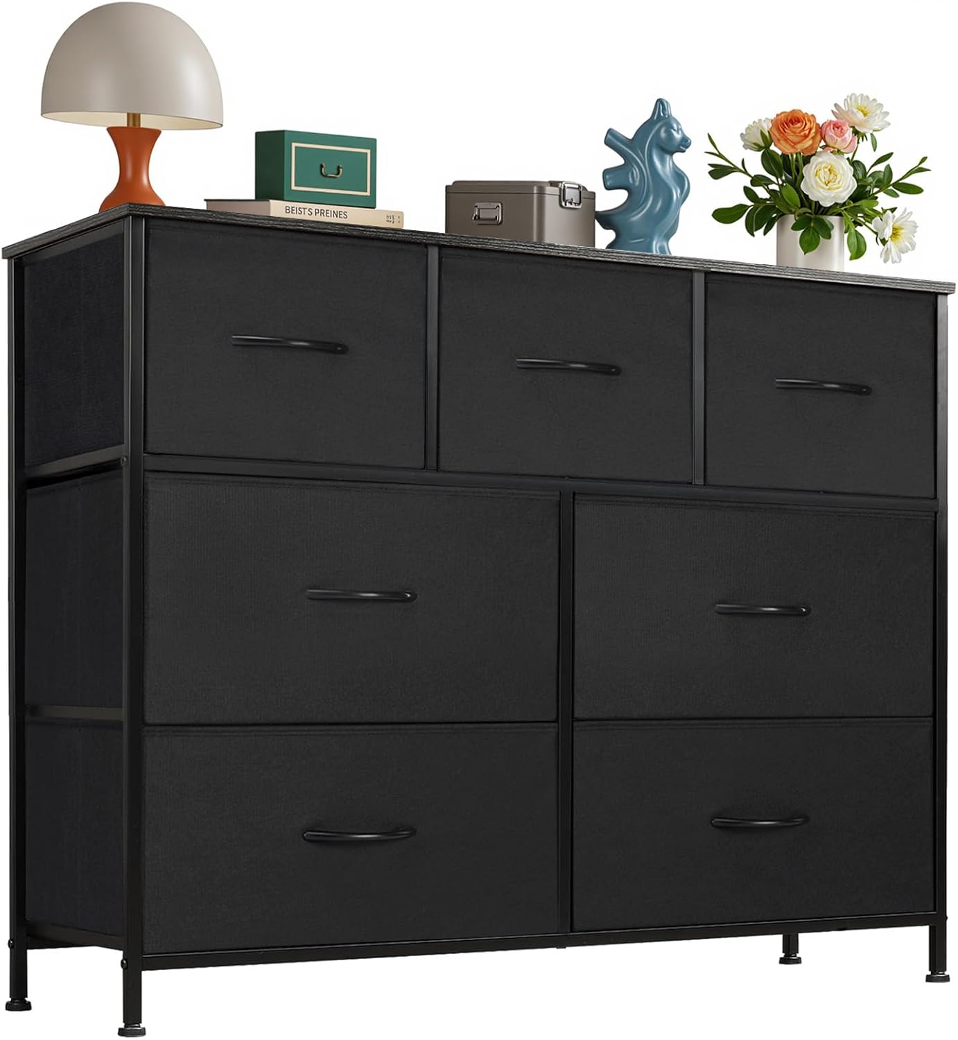 OLIXIS Dresser for Bedroom, 7 Storage Drawers, Wide Fabric Closet Chests Organizer Tower Furniture, TV Stand with Wooden Top Metal Frame for Clothes, Living Room, Hallway, Entryway, Black