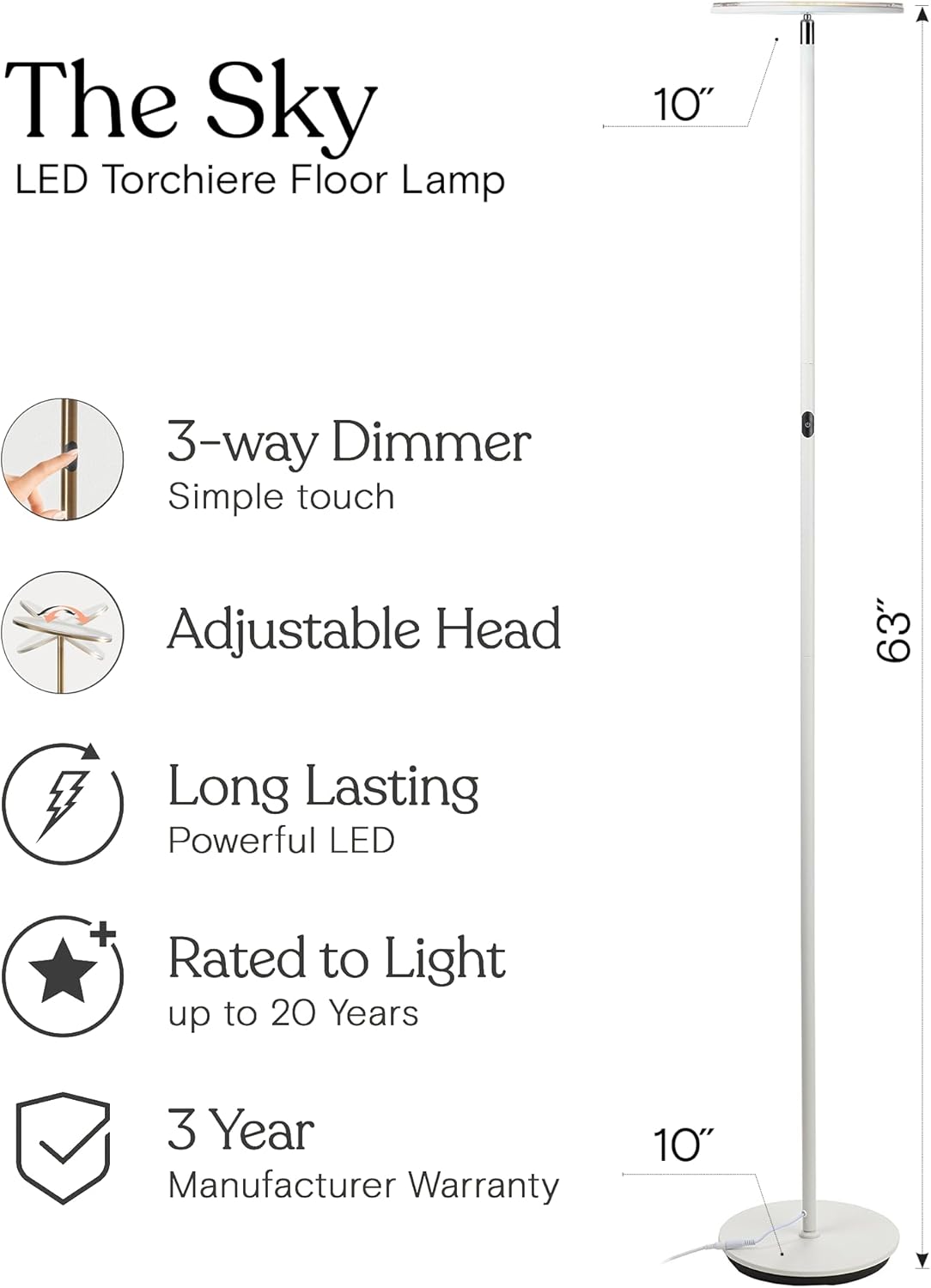 Brightech Sky LED Torchiere Super Bright Floor Lamp - Contemporary, High Lumen Light for Living Rooms and Offices - Dimmable, Indoor Pole Uplight for Bedroom Reading - White - Image 3