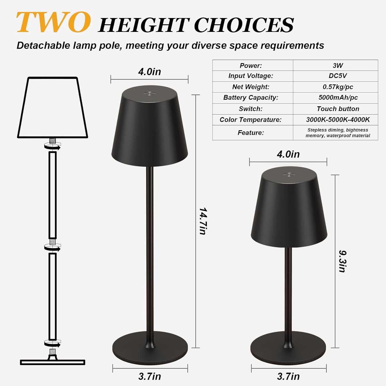 Cordless Table Lamp Rechargeable Black - KK 2 Pack 5000mAH Battery Operated Lamp for Counter, 3 Color Stepless Dimming Waterproof LED Wireless Lamp for Dining Kitchen, Outdoor Patio, Touch Control - Image 6