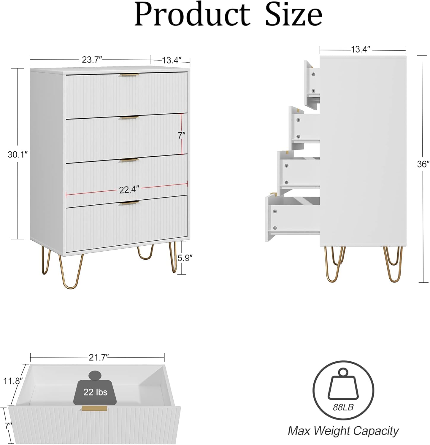 Masupu 4 Drawer Dresser, Drawer Chest, Tall Storage Chest Cabinet Organizer Unit with Metal Legs, Small Dresser for Bedroom, Living Room, Closet, Hallway White Stripe - Image 2