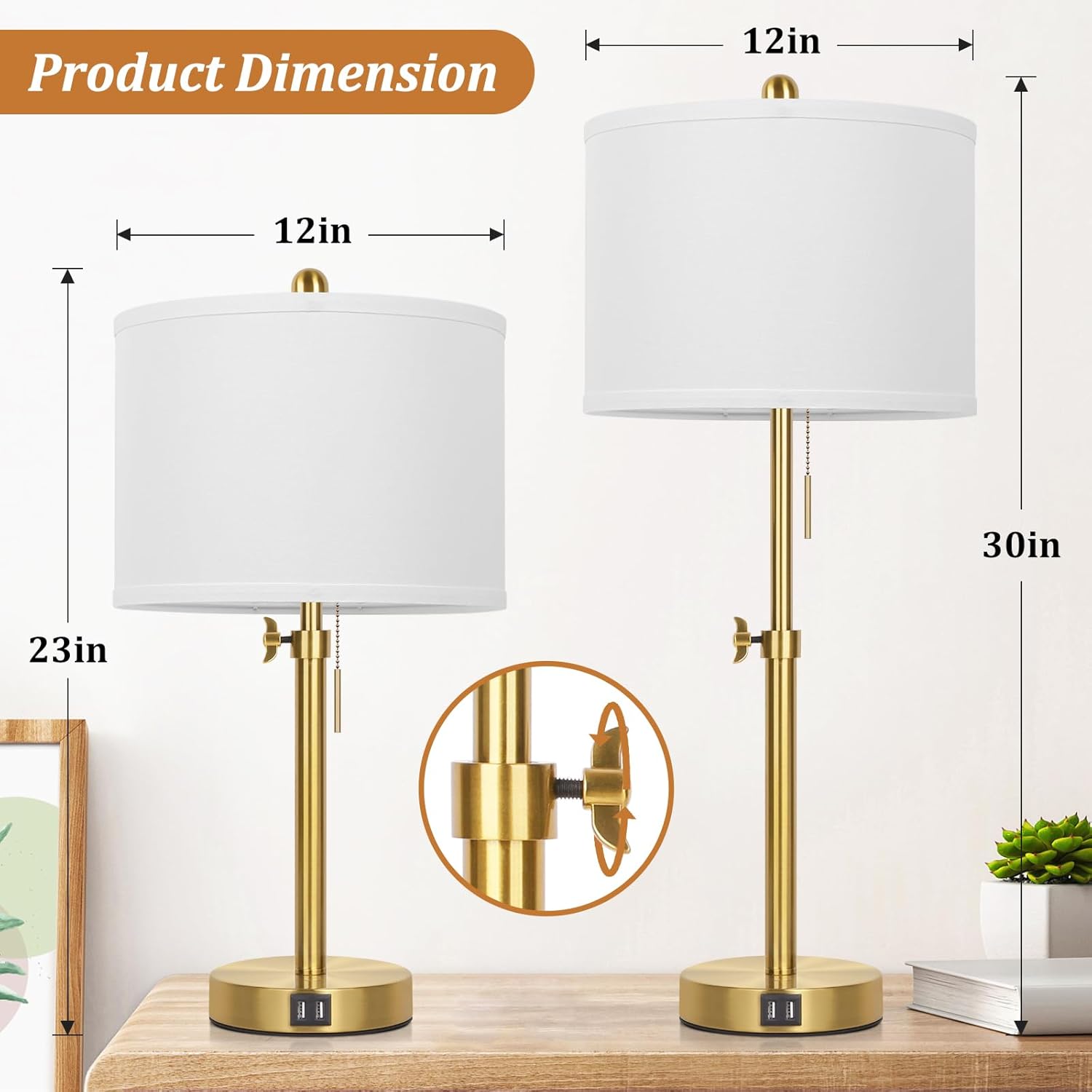 Table Lamp Set of 2, Bedside Lamp with 2 USB Ports, Gold Tall Table Lamp for Living Room End Tables, 23" to 30" Height Adjustable Lamp for Bedroom, Farmhouse Table Lamps with Pull Chain, E26 - Image 2