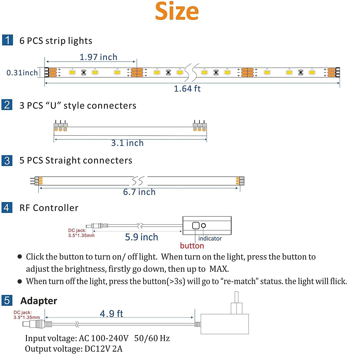 WOBANE Under Cabinet Lighting Kit, 6PCS 20inch LED Strip Bars with 24W Adapter,RF Remote,Hidden Super Bright Daylight for Kitchen Cabinet,Under Desk,Counter Lighting,4000K Natural White,1500LM - Image 8