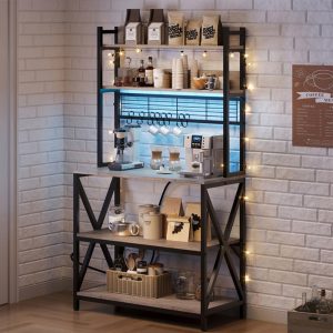 Yaheetech Kitchen Bakers Rack with Power Outlet & LED Lights, 5 Tiers Coffee Bar Table with 8 S Hooks, 64 Inches Tall Microwave Oven Stand with Storage for Spices, Pots, Gray