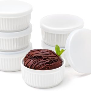 Nuwave 6pc Ceramic Ramekins w/Lid 8oz, Classic Elegant Style Ramekins, Bake Souffles, Creme Brulées, Custards, Puddings, 4.3” Wide & 2” Tall, Oven, Microwave & Dishwasher-Safe, PFAS Free, Ivory White