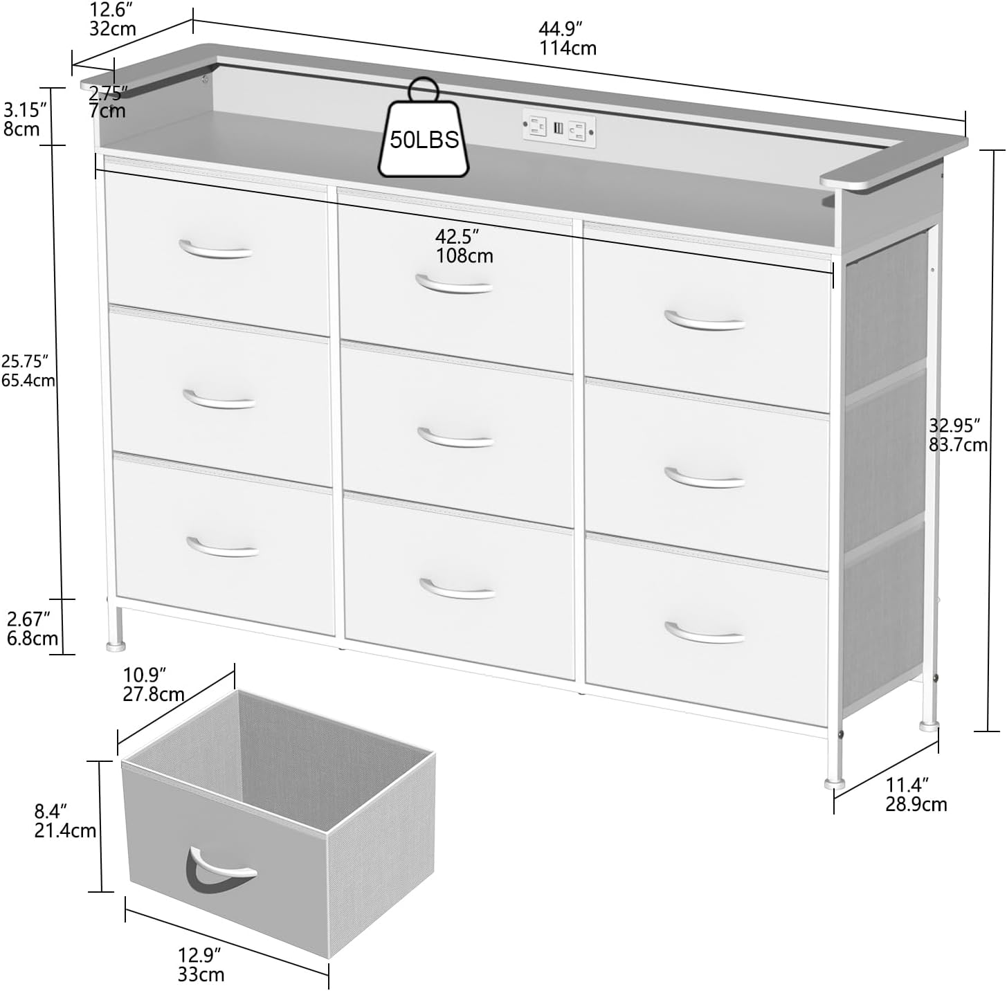 EXOTICA White Dresser with LED Light for Bedroom 9 Drawer Dressers with Charging Station Chests of Drawers for Entryway Closet Living Room Hallway Sturdy Steel Frame Wooden Top Easy Pull Handle - Image 2