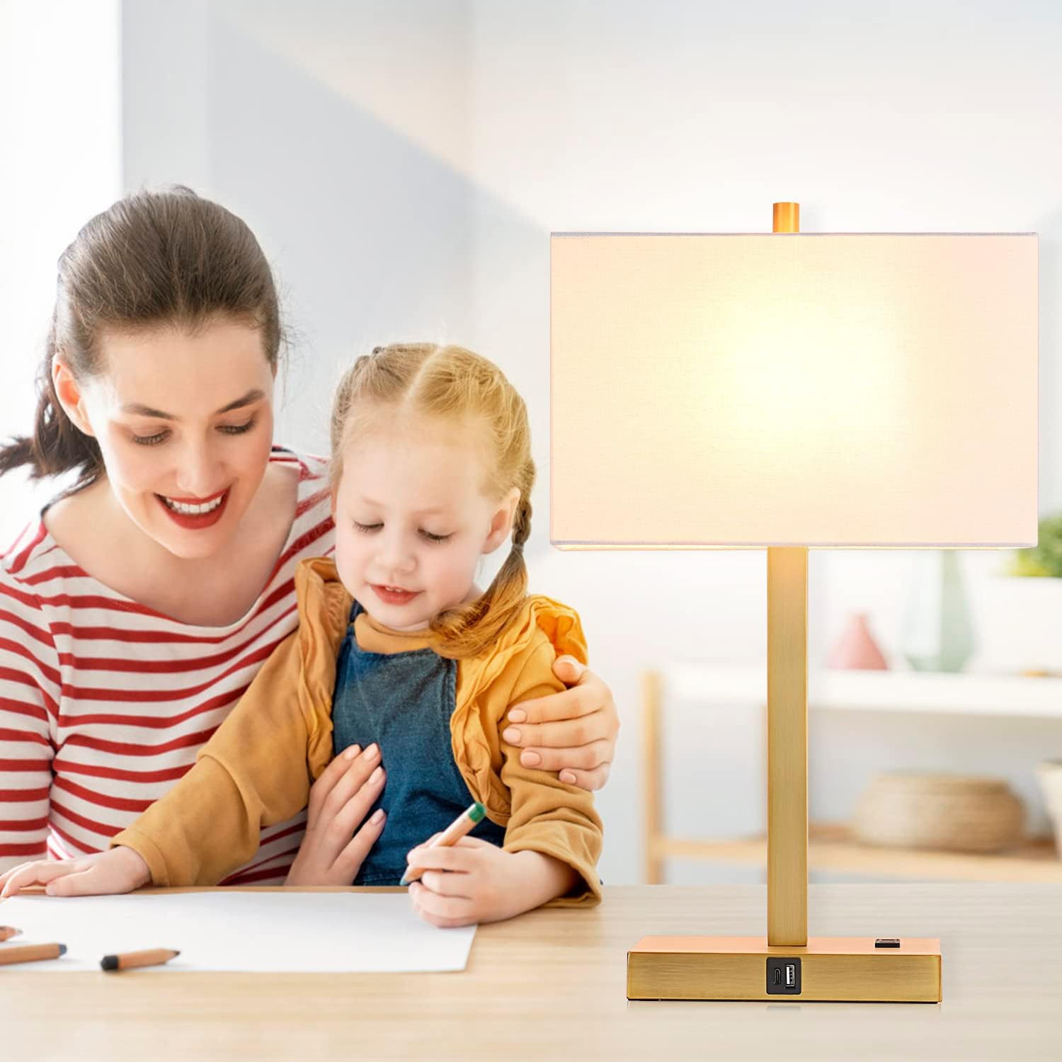 21" Touch Bedside lamps with 2 USB & AC Outlets, 3-Way Dimmable Bedside Table Lamps Set of 2 for Bedroom Living Room Office Reading, White Shade Lamps for Night Stands, 2700K LED Bulbs Included - Image 8