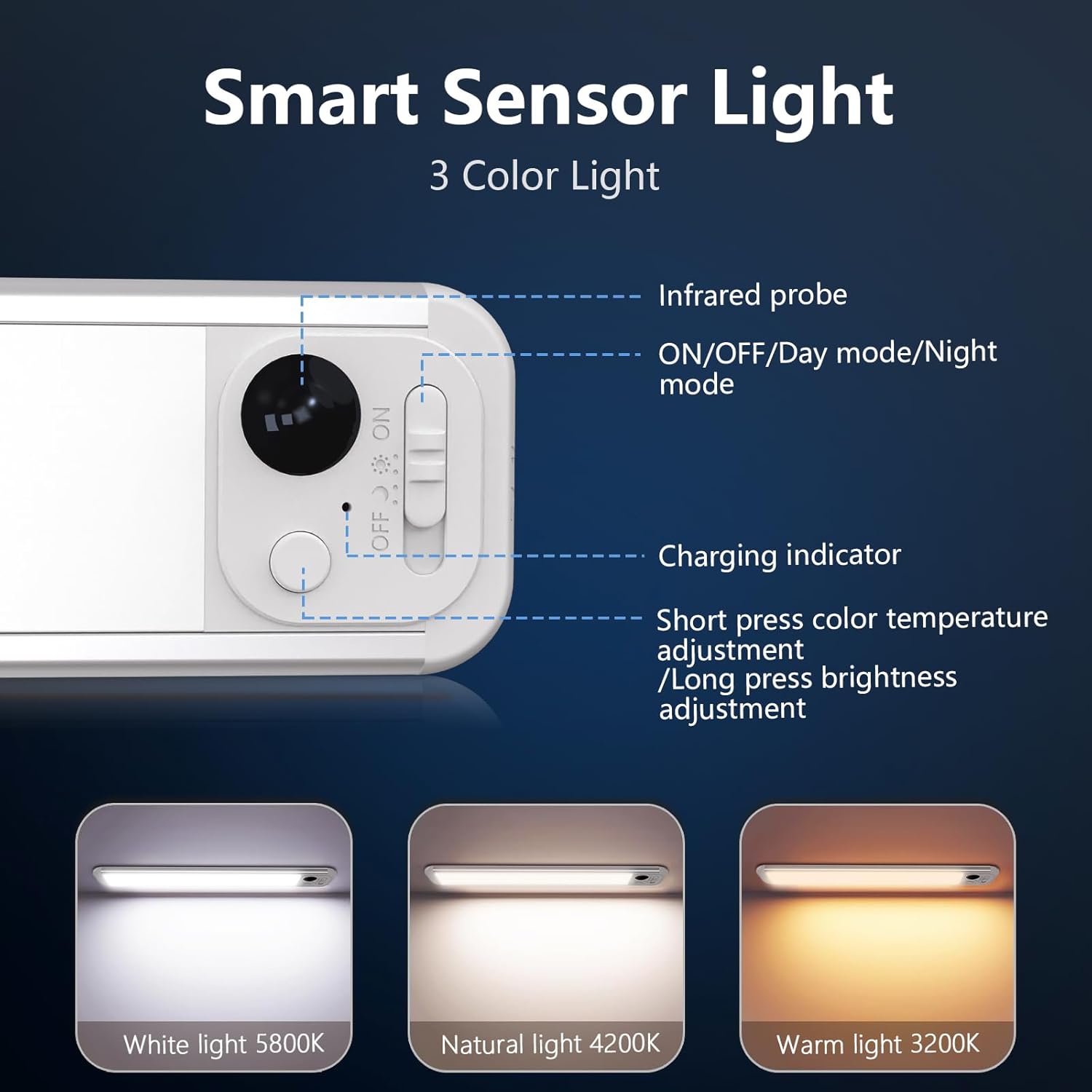 Under Cabinet Lighting, 3 Colors, Motion Sensor Light Indoor, LED Rechargeable Closet Lights Battery Operated, Dimmable Night, Stick-On Magnetic Cabinet Lights for Kitchen Stairs Hallway - Image 6