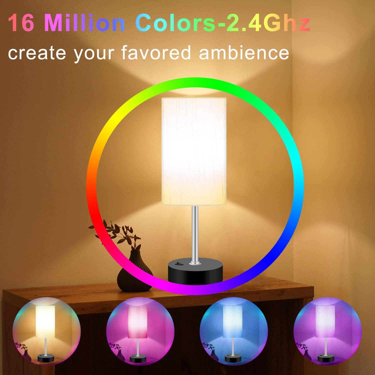 Bedroom Lamp with Smart RGB LED Bulb, Multicolor Changing Table Lamp for Bedroom with 2 USB Port, Dimmable Bedside Lamp Work with Alexa, Smart Nightstand Light for Living Room Sync with Music(2.4GHz) - Image 2