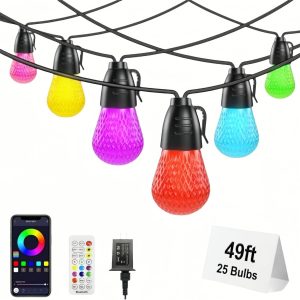 Outdoor String Lights 49FT，String Lights for Outside ，Outdoor Lights for Patio with 25 RGBW LED Bulbs，Patio Lights IP66 Waterproof Shatterproof, App Control & Remote,Color Change for Backyard Decor