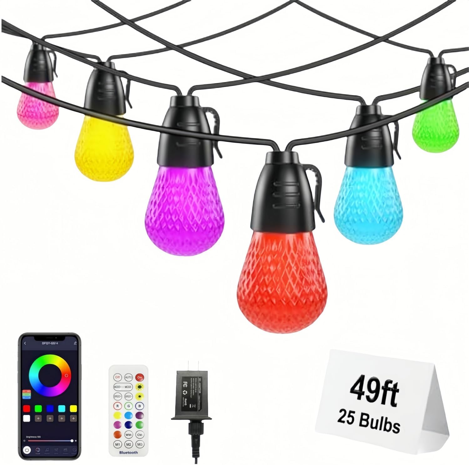 Outdoor String Lights 49FT，String Lights for Outside ，Outdoor Lights for Patio with 25 RGBW LED Bulbs，Patio Lights IP66 Waterproof Shatterproof, App Control & Remote,Color Change for Backyard Decor