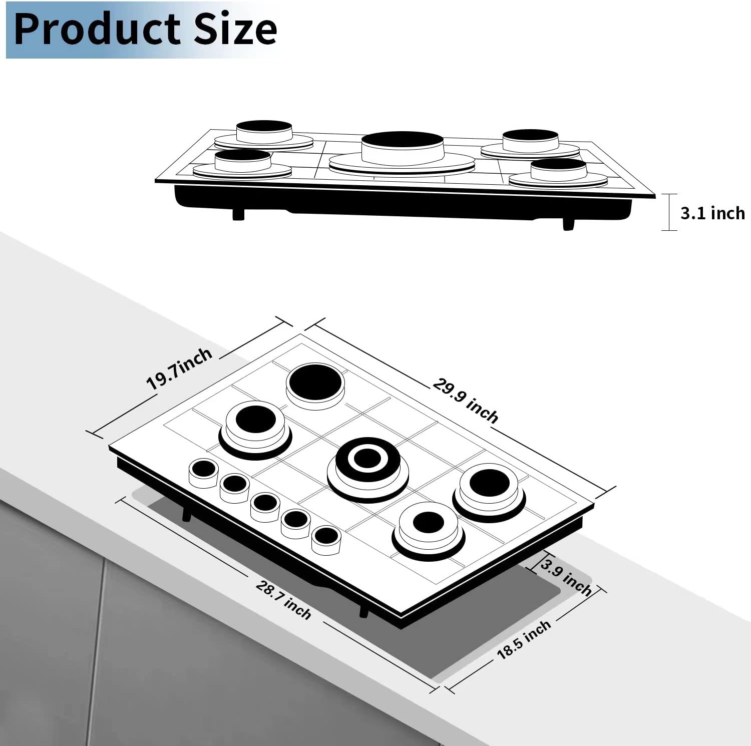 30 Inch Gas Cooktop, 5 Burners Built-in Gas Stovetop Stainless Steel LPG/NG Gas Stove Dual Fuel Sealed Gas Hob with Wok Stand and Pressure Regulator - Image 5