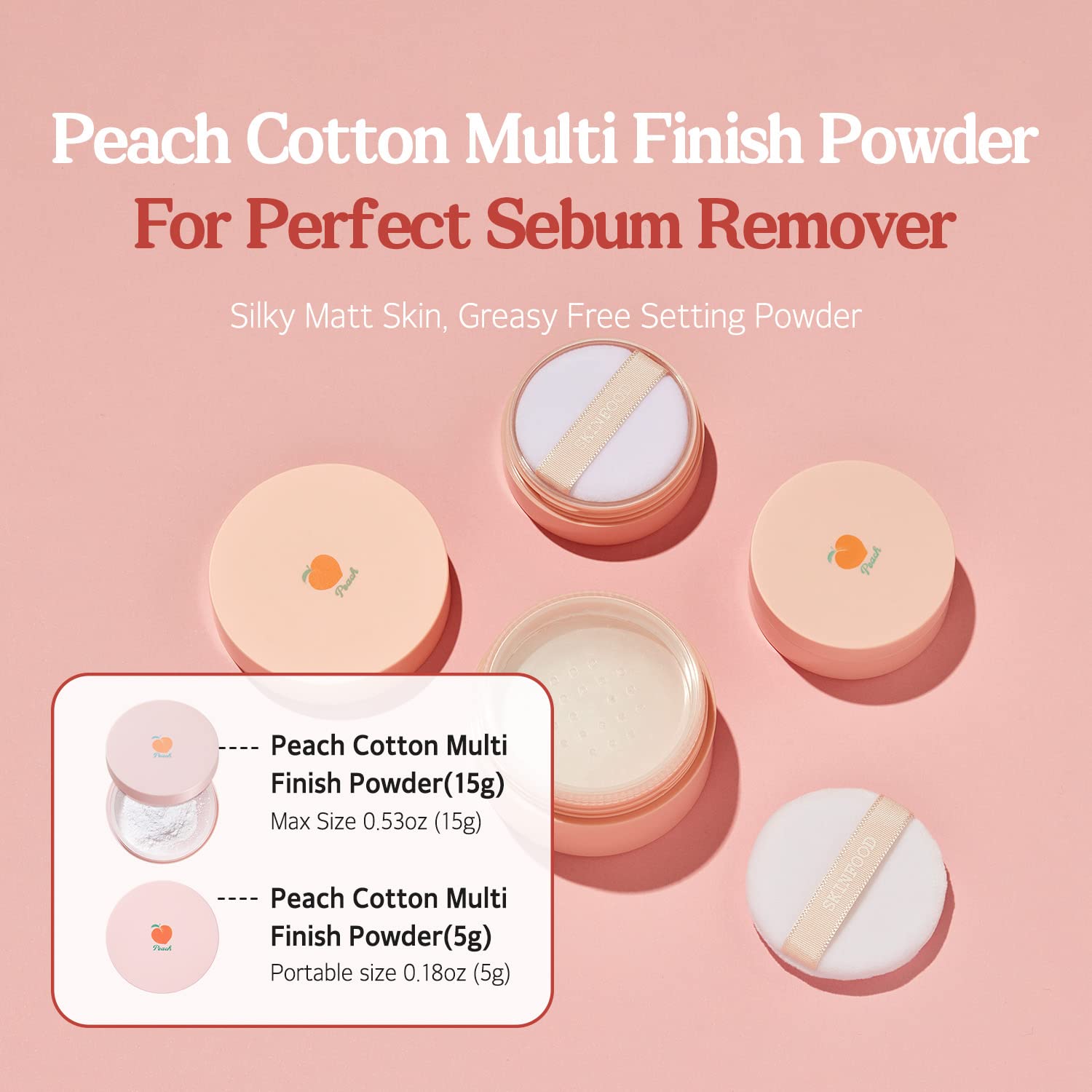 SKINFOOD Peach Cotton Multi Finish Powder 5g - Korean Peach Extract & Calamin Sebum Control Face Powder - Silky Setting Powder - Setting Powder for Oily Skin - Sweet Peach Scent for Soft Skin - Image 2