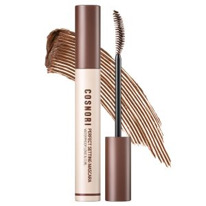 COSNORI Perfect Setting Waterproof Mascara Long&Curl 02 Cozy Brown – Long Lasting Smudge - Brown Mascara - Soft Definition for Blue & Green Eyes - K Beauty - 0.23fl oz (7ml)