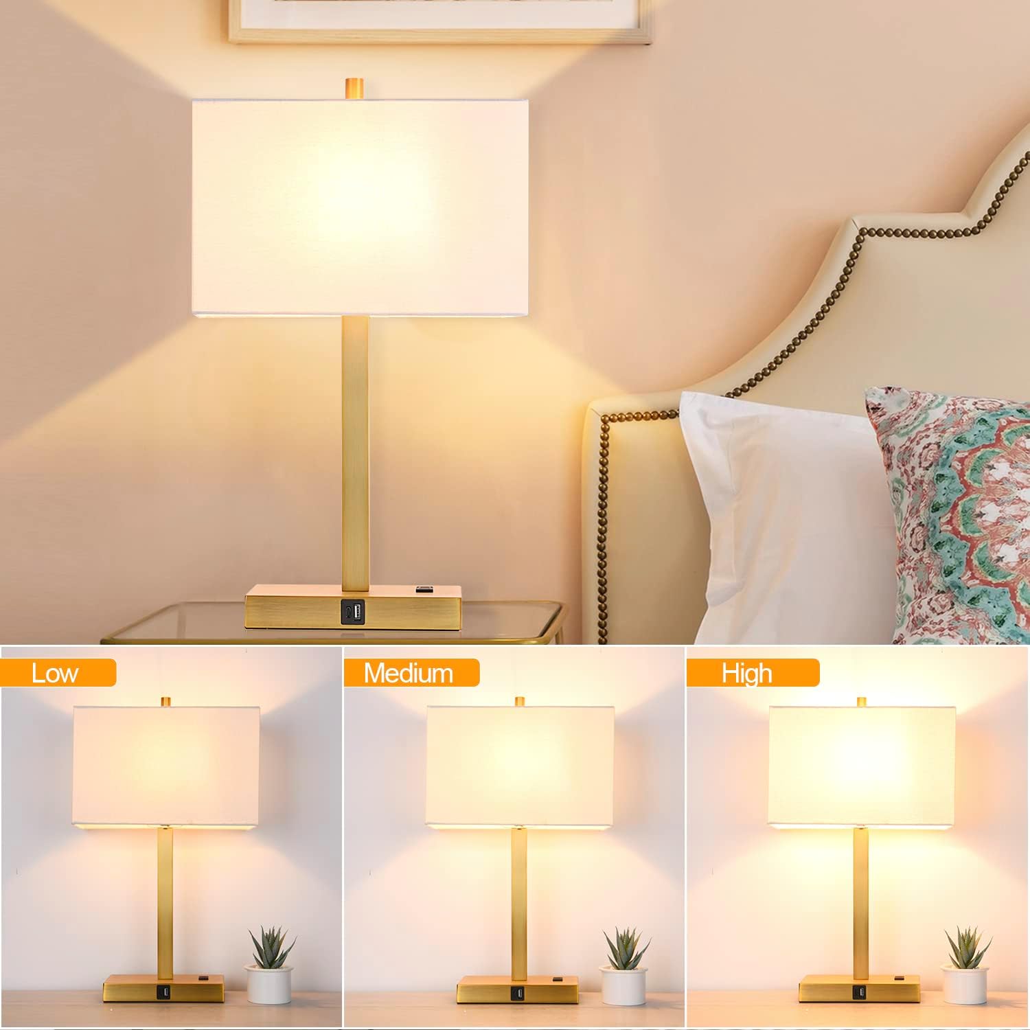 21" Touch Bedside lamps with 2 USB & AC Outlets, 3-Way Dimmable Bedside Table Lamps Set of 2 for Bedroom Living Room Office Reading, White Shade Lamps for Night Stands, 2700K LED Bulbs Included - Image 9