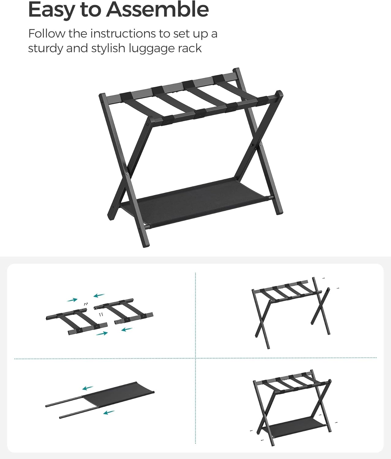 SONGMICS Luggage Racks for Guest Room, Set of 2, Suitcase Stand with Storage Shelf, Steel Frame, Foldable for Easy Storage, Hotel, Bedroom, Black URLR003B02 - Image 7
